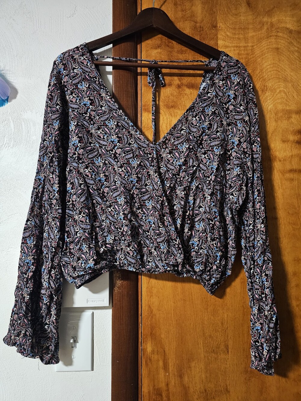 Abbeline Black Paisley Wrap V-Neck Blouse with Tie Back